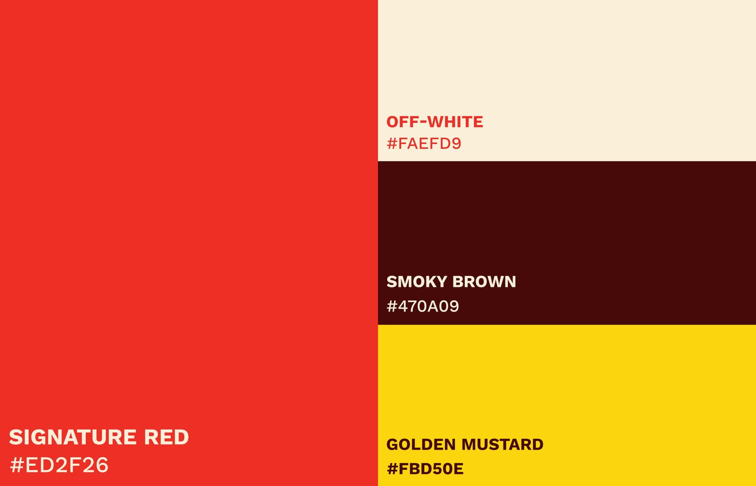 Signature red, golden mustard, smoky brown and off-white colour palette